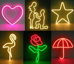 four different types of neon signs with hearts, stars and an umbrella in the middle