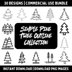 the pine tree outline collection is shown in black and white, with an image of trees on