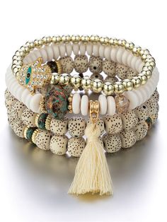 4pcs/set Rhinestone Hamsa Hand & Tassel Decor Fringe Palm Eye Pendant Multi-layer Beaded Bracelet Beige    Glass,Plastic     Women Fashion Jewelry, size features are:Bust: ,Length: ,Sleeve Length: Fatima Hand, Boho Mode, Tassels Decor, Mode Boho, Tassel Bracelet, Hand Bracelet, Boho Pendant, Layered Bracelets, Hamsa Hand