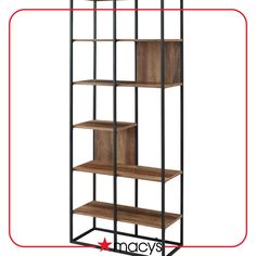 an iron and wood shelf unit with four shelves