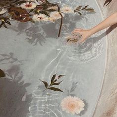 a person is reaching for some flowers in the water