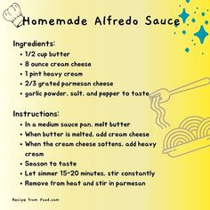 the recipe for homemade alfredo sauce is shown in blue and yellow colors with stars on it