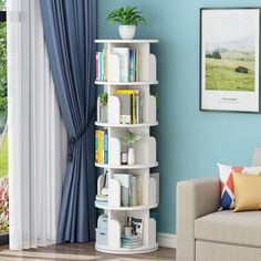 a living room with green walls and a white bookshelf in the corner next to a couch