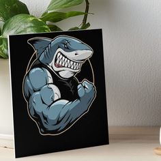 a shark flexing his muscles on a black background art boarder next to a potted plant