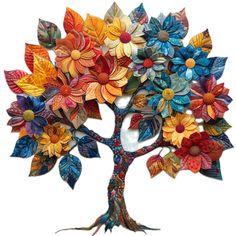 a colorful tree with lots of leaves on it's trunk and branches in the shape of flowers