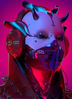 a woman wearing headphones with horns and spikes on her face in front of a pink background