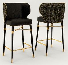 two black and gold bar stools side by side, one with an upholstered seat