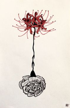 an ink drawing of a flower hanging from a tree branch with red flowers on it