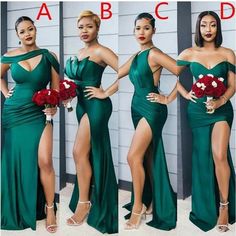 three different pictures of the same woman in green dresses, one with her legs split open and