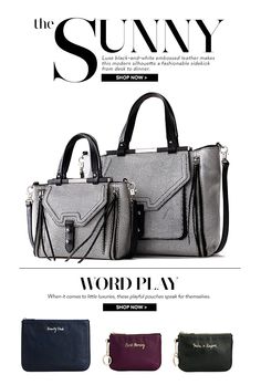 the suny handbag is shown in three different colors