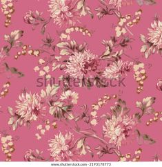 a pink floral wallpaper with lots of flowers and leaves on the bottom half of it