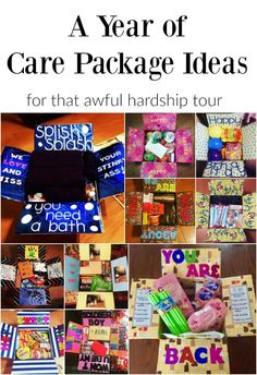 a collage of pictures with the words care package ideas