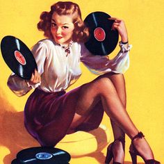 a woman sitting on top of a chair holding two record's in her hands