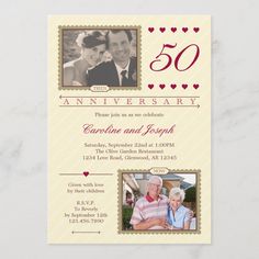 an anniversary card with two photos and hearts