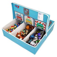 a toy storage box filled with lots of toys