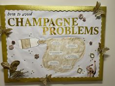 a sign that says champagne problems on the side of a wall with butterflies around it