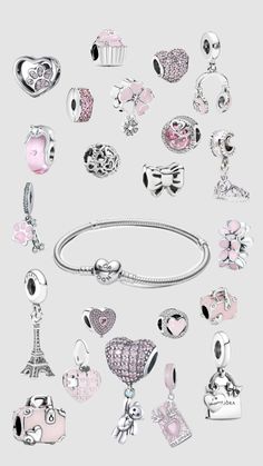 #viral #miss_sterre Pandora Bracelet Charms Ideas Pink, Aesthetic Pandora Bracelet, Charmbracelet Era, Pandora Charm Bracelet Pink And Silver, Pandora Charms Pink, Pandora Wishlist, Pandora Pjnk And Gold Charm Bracelet