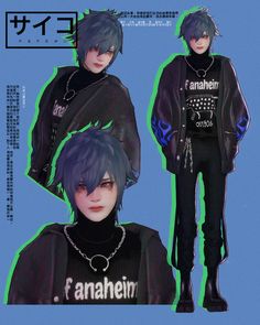 an anime character with black hair and blue eyes, wearing a black outfit that says amaheni