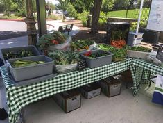 an outdoor vegetable stand with many vegetables on the table and in bins next to it