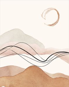 an abstract painting with mountains and a moon in the sky