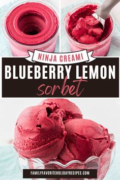 blueberry lemon sorbet recipe in a glass bowl with the text overlay