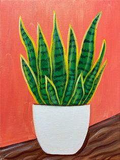 a painting of a green plant in a white vase on an orange background with wood grain