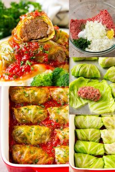 four different images show the steps to make stuffed cabbage rolls with meatballs and vegetables