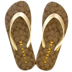 New Coach Zak Logo Flip Flop Khaki / Gold Size 7 Brand New! Signature Coach Look With Gold Straps And Pink Soles. Size 7 Color: Khaki / Gold Rubber Upper Printed Eva Footbed Eva Outsole Slip On Fast Shipping Smoke Free House Logo Flip Flops, Home Free, Brown Gold, Women's Shoes Sandals, Flip Flops, Shoes Sandals, Slip On, Brand New, Women Shoes