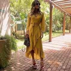 Iorane Dress Wrap Mustard. Size: Xs Very Good Condition. Elegant Yellow Dress For Date Night, Long Dress For Fall Brunch, Long Fall Dress For Brunch, Fall Brunch Long Dress, Chic Yellow Maxi Dress For Formal Occasions, Chic Long Sleeve Wrap Dress With Ruffles, Elegant Yellow Long Sleeve Dress, Elegant Long Sleeve Yellow Dress, Elegant Fall Midi Dress For Date