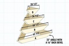 a wooden christmas tree is shown with measurements for the top and bottom pieces on it