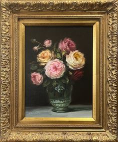 a painting of pink and yellow roses in a green vase