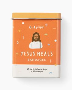 jesus heals bandages in an orange tin