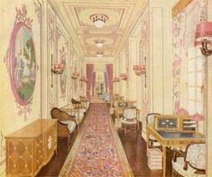 this is an old photo of a hallway in a house with furniture and paintings on the walls