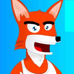 a cartoon fox wearing a tank top and looking at the camera with its mouth open