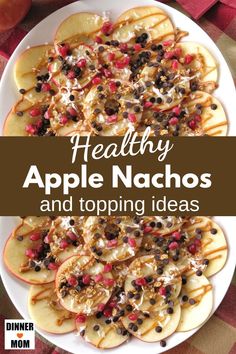 healthy apple nachos and topping ideas on a plate with apples in the background