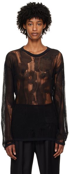 Semi-sheer open knit sweater. Laddering throughout. · Rib knit crewneck, hem, and cuffs · Intarsia logo at front Supplier color: Black Seethrough Knit Sweater, Beyoncé Concert, Beyonce Concert Outfit, Sheer Knit, Distressed Sweaters, Open Knit Sweater, Knit Crewneck, Open Knit, Knitted Pullover