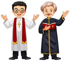 two priests standing next to each other on a white background