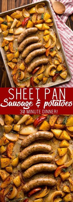 sheet pan sausage and potatoes on a baking sheet with text overlay that reads sheet pan sausage and potatoes 30 minute dinner