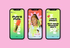 three cell phones with the same advertisement on them, one showing an image of a woman's face