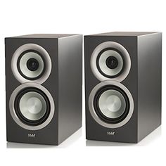 two speakers are shown side by side on a white background, one is black and the other is silver