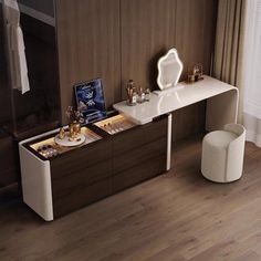 a dressing table with mirror and stool in a room