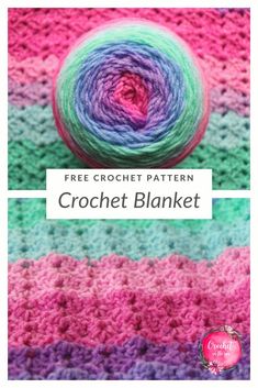 the crochet blanket is colorfully colored and has a ball of yarn in it