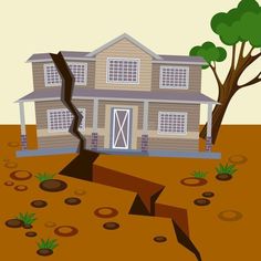 a house that has been hit by a tree in the middle of a dirt field