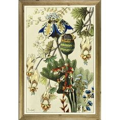 an image of a painting with flowers and birds on it's back side in gold frame