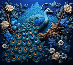 a blue peacock sitting on top of a tree branch next to flowers and leaves in front of a dark background