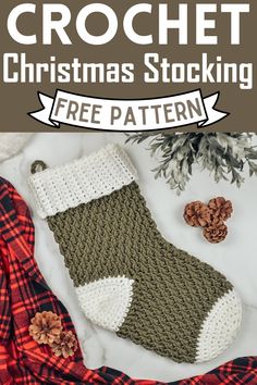 a crochet christmas stocking is shown with the text, free pattern for it