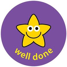 a yellow star with the words well done on it's face in front of a purple background