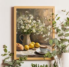 there is a painting on the wall with flowers and lemons