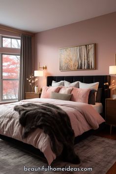 a bedroom with a large bed and pink walls