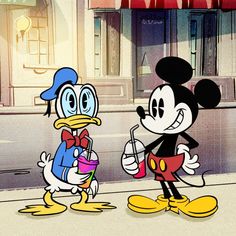 two cartoon characters standing next to each other in front of a storefront with the words mickey and donald on it